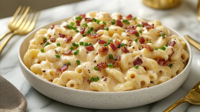 Mac bowl premium macaroni and cheese with crispy bacon bits and fresh chives served in elegant speckled ceramic bowl with gold cutlery on marble surface