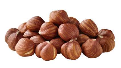 Fototapeta premium Heap of whole raw hazelnuts with brown textured shells, isolated on transparent background