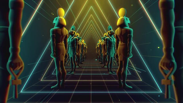 4K seamless turquoise and orange VJ loop tunnel featuring a stylized, geometric 3D God Horus figure with glowing circuits for VJ sets, stage screens, electronic music festivals and LED video walls