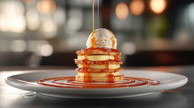 Pouring syrup amber caramel drizzling over gourmet mini pancake stack topped with vanilla ice cream scoop elegant white plate premium restaurant dessert fine dining