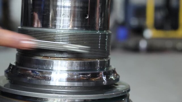 A skilled mechanic uses a thread restorer file to repair damaged screw threads on a metal transmission stator hub shaft in an industrial workshop to ensure a perfect fit during reassembly.