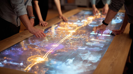 Obraz premium Interactive Technology: A group of individuals collaborate around an innovative interactive table displaying a cityscape, their hands hovering over the digital display.
