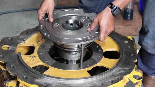 ​A technician manually installs a steel drive hub into a heavy yellow industrial machinery housing in a workshop for professional engine maintenance and component assembly process.