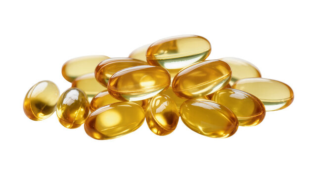 Pile of translucent golden oval gel capsules, isolated on transparent background