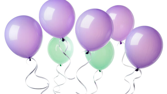 Group of pastel purple and green balloons with curling ribbons, isolated on transparent background