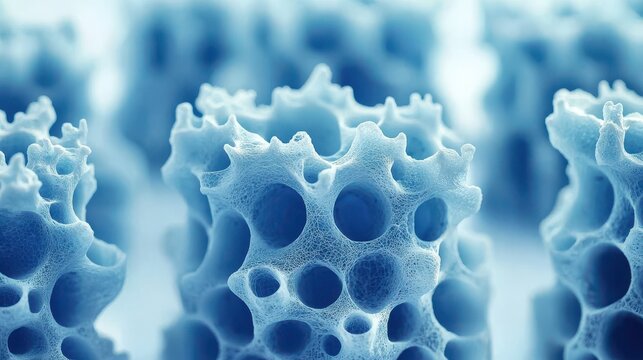 Blue aerogel three-dimensional porous framework captured with controlled depth of field emphasizing extraordinary material properties
