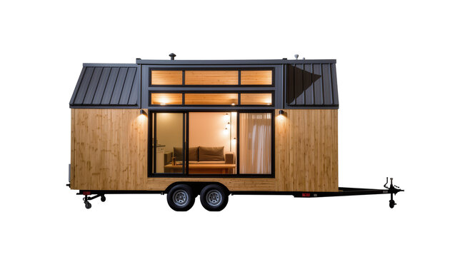 Modern tiny house on wheels with wood siding and large windows, isolated on transparent background