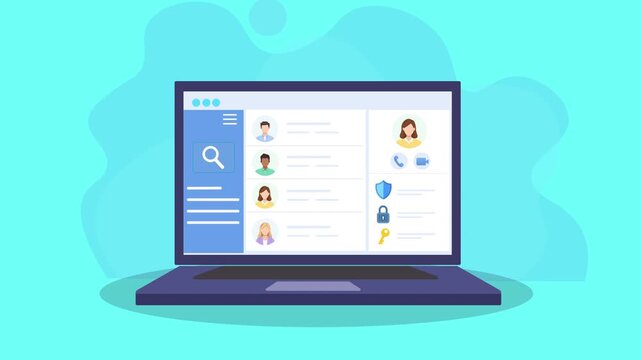 Animated laptop showing a user management dashboard with profile cards and data, representing AI system control, team organization, and modern digital workflow in flat motion design.