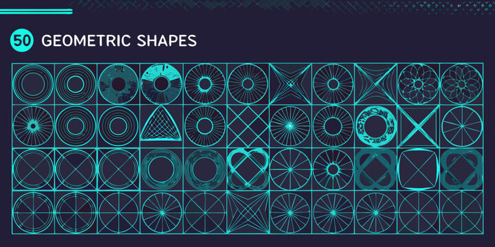 Collection of fifty vibrant geometric shapes displayed in a grid pattern