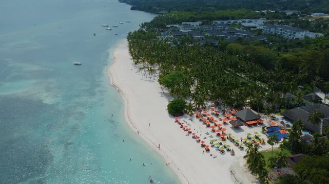 Aerial view of tropical beach resort with palm trees and white sand shoreline Panglao Bohol Philippines drone