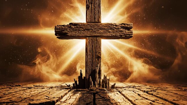 Wooden cross on cracked ground with radiant light for commercial backgrounds, digital design, and advertising