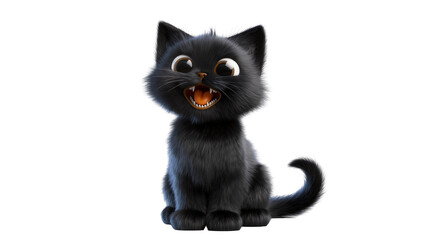 Fluffy black cartoon kitten with wide eyes and open mouth, isolated on transparent background © GODSTOX