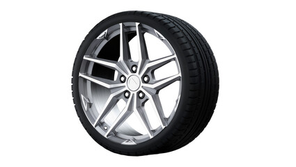 Obraz premium Polished silver alloy wheel with black rubber tire, isolated on transparent background
