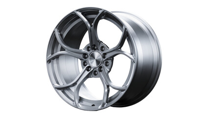 Obraz premium Polished silver alloy car wheel with intricate spoke design, isolated on transparent background