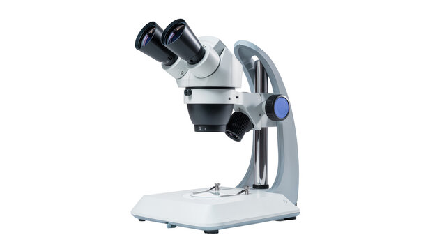 Stereo microscope with dual eyepieces and blue focus knob, isolated on transparent background