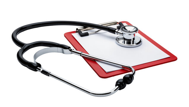 Medical stethoscope resting on a red clipboard with blank paper, isolated on transparent background