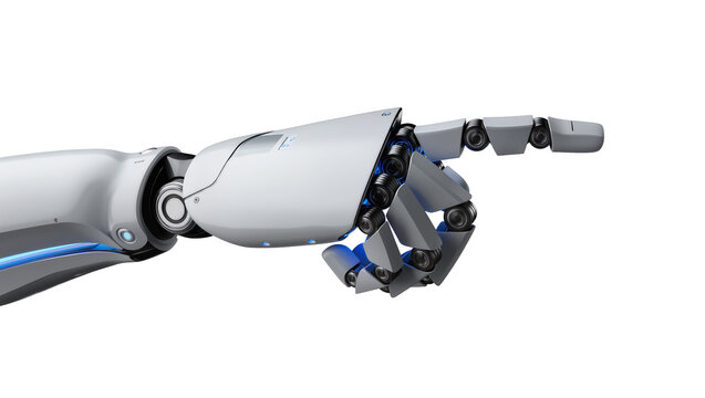 Robotic hand pointing forward, isolated on transparent background