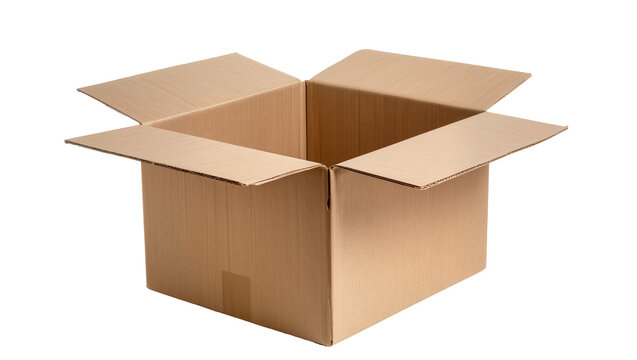 Open brown cardboard box with flaps extended, isolated on transparent background