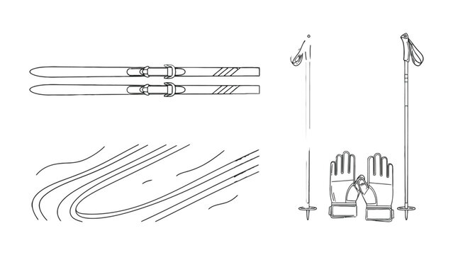 Snow Sports Equipment: An illustrative collection showcasing essential snow sports gear including skis, ski poles, and gloves, ready for a day of outdoor fun.