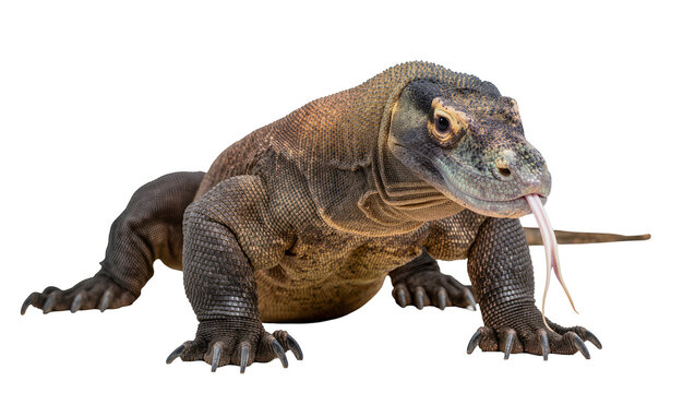 Large Komodo dragon lizard with forked tongue, isolated on transparent background