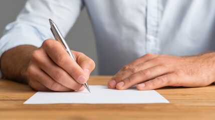 Fototapeta premium Close up of businessman hands writing on blank white paper document on wooden table desk with natural light and clean professional workspace