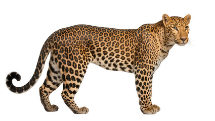 Leopard with spotted fur standing, isolated on transparent background © GODSTOX