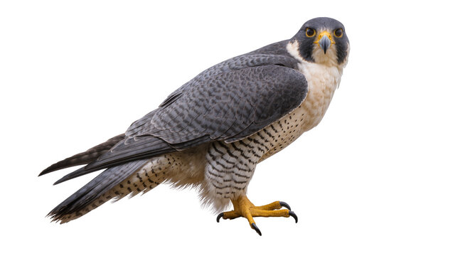 Peregrine falcon with grey plumage and barred chest, isolated on transparent background