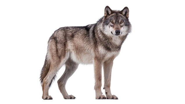Gray wolf standing alert, isolated on transparent background
