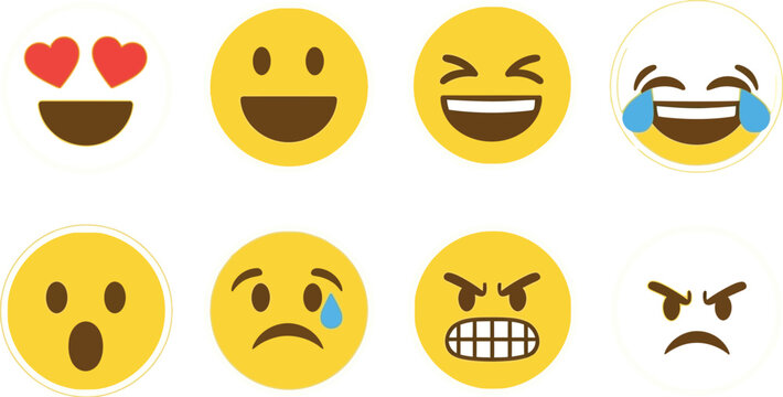 Vector graphic illustration of diverse yellow emoji faces displaying a wide range of human emotions and expressions.