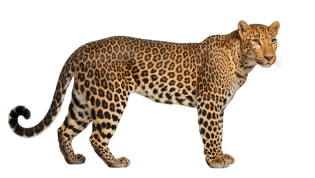 Leopard with spotted fur standing, isolated on transparent background
