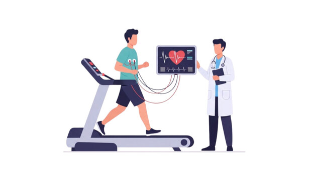 Doctor monitoring patient heart rate on treadmill ECG cardiac stress test illustration