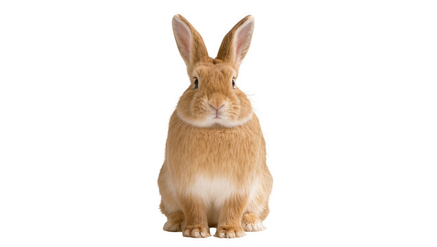 Fluffy brown rabbit sitting attentively, isolated on transparent background