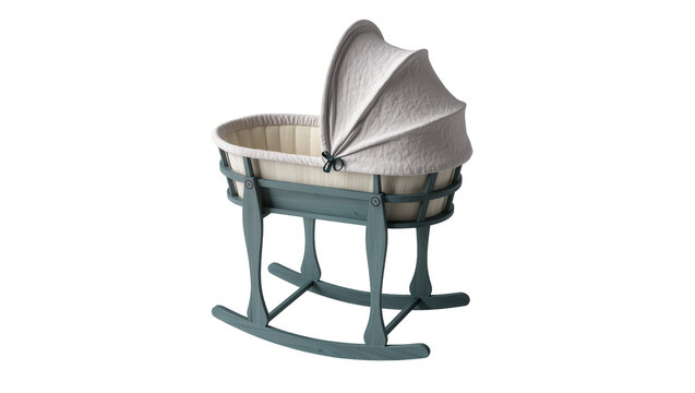 Vintage teal wooden rocking bassinet with grey canopy, isolated on transparent background