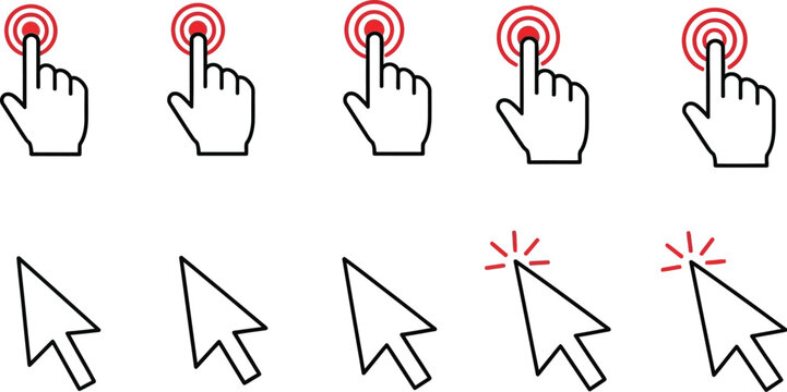 Hand cursor vector icons set including touch gestures and computer mouse pointers for web design and user interface navigation buttons graphics
