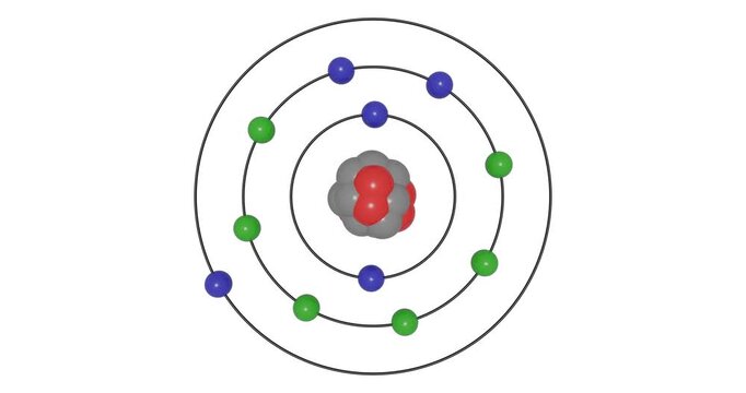 3D animation of Sodium (Na; Z=11) atom in the Bohr model with electron orbits, nucleus, protons, neutrons, and energy levels in a seamless loop. Ideal for STEM education and scientific visualization.