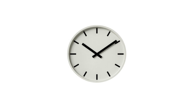 Minimalist white analog clock with black hands and markers, isolated on transparent background