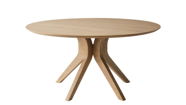 Round light wood dining table with curved legs, isolated on transparent background
