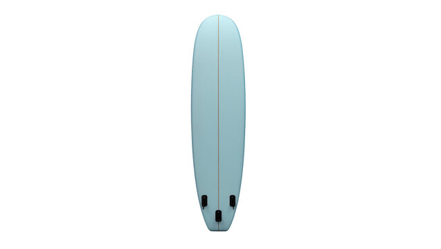 Light blue surfboard with three black fins, isolated on transparent background