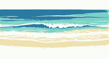 Obraz premium Minimalist vector seascape background, turquoise ocean waves and sandy beach panorama. Abstract summer shoreline landscape illustration, coastal banner for travel ads, web headers