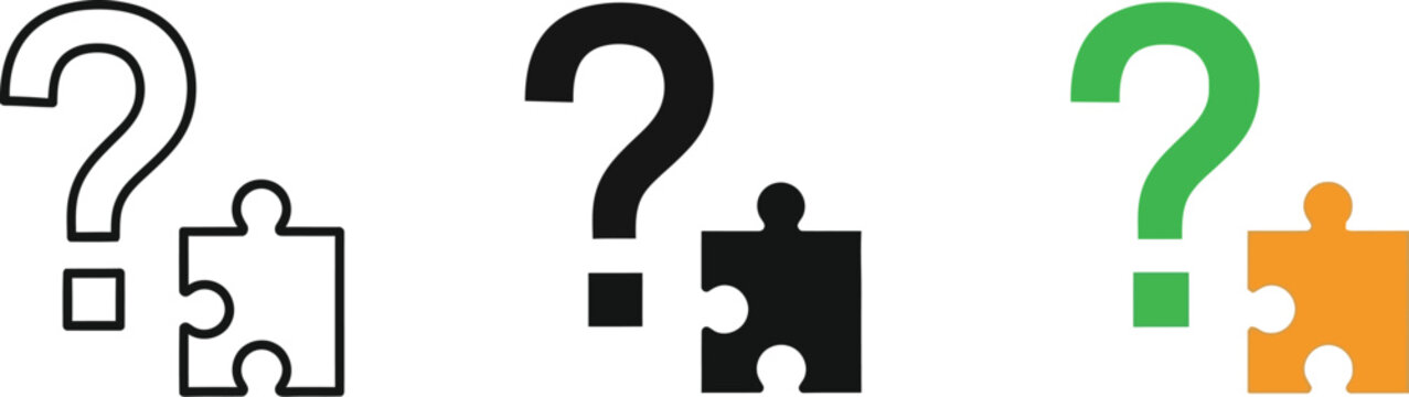 Question mark puzzle vector illustration featuring simple line art and colorful flat icons representing solution finding and logical business thinking concepts