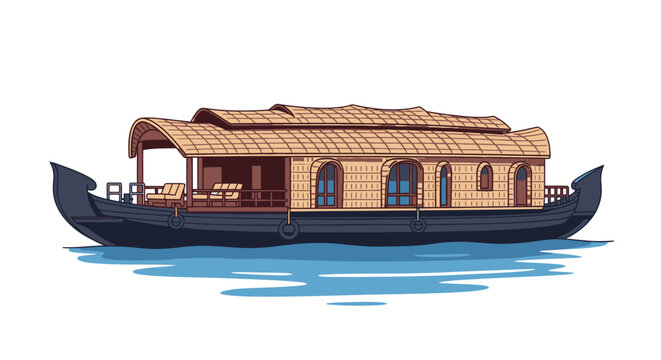 Vintage houseboat vector illustration, traditional wooden river boat with thatched roof on water, nautical transport icon in flat cartoon style for travel, tourism and poster design