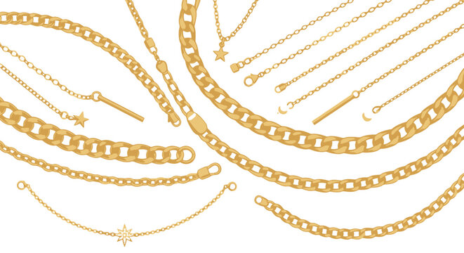 Vintage gold beaded chain borders and dividers vector set, elegant jewelry necklace curves with sparkle stars, metallic dotted line ornaments for frames, banners, invitations