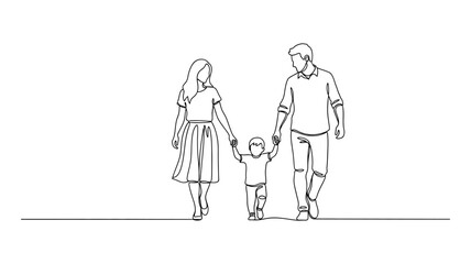 Obraz premium A family of three walking together. Continuous line style. Hand drawn. Line art. Vector design. illustrations