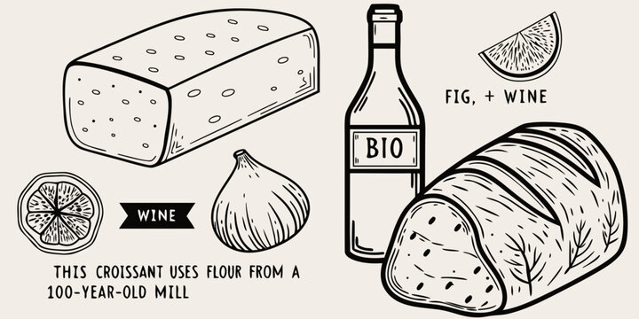 A sketch of bread figs wine and a croissant with text overlays