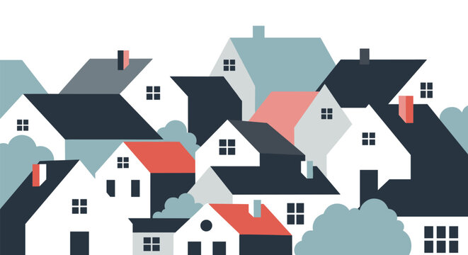 Modern flat vector illustration of a dense neighborhood with overlapping houses of various shapes and colors representing community.