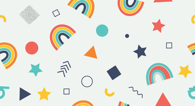 A playful and colorful seamless pattern with abstract geometric shapes rainbows and stars in a retro 80s Memphis design style.