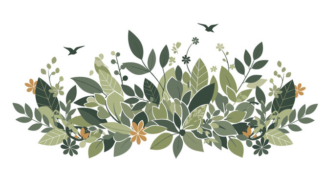 A beautiful botanical arrangement of lush green leaves delicate flowers and small birds creating a serene nature-inspired composition.