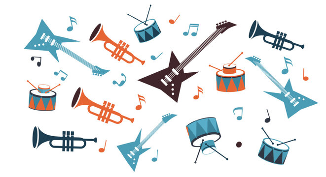 A vibrant and chaotic pattern of various musical instruments including electric guitars trumpets and drums for a rock band concept.