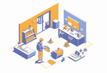 Fototapeta premium Remote Work Setup in a Modern Office Space with Fully Equipped Workstations, Comfortable Lounge Area, and Individual Packaging for Efficient Home-Based Tasks