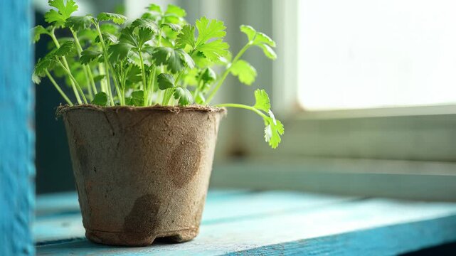 Fresh Green Cilantro Herb Growing in a Paper Pot on a Blue Wooden Table